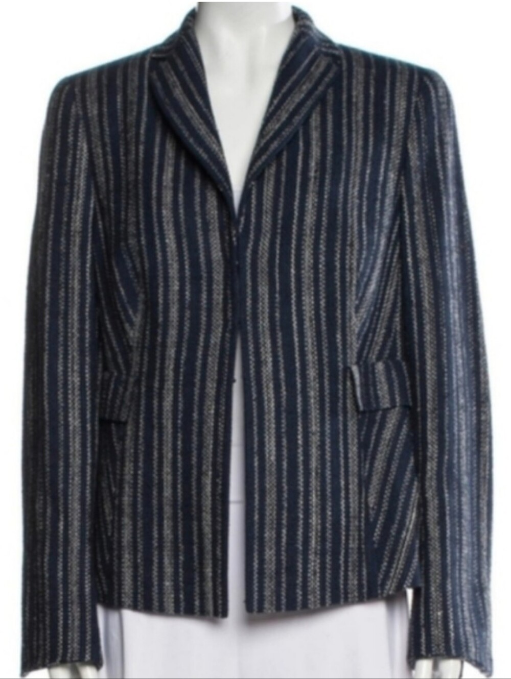 AKRIS Blue And Ivory Silk Tweed Buttonless Blazer